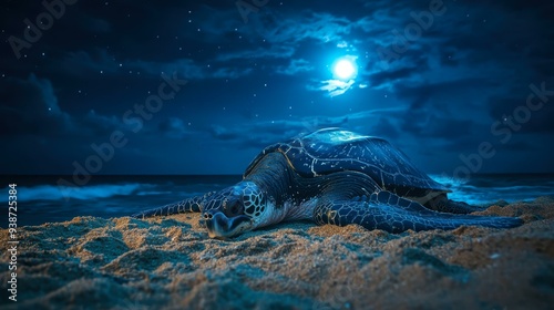 A serene night scene of a sea turtle resting on the sandy beach with the glowing moon and starry sky in the background, Perfect for wildlife conservation themes, nature documentaries photo