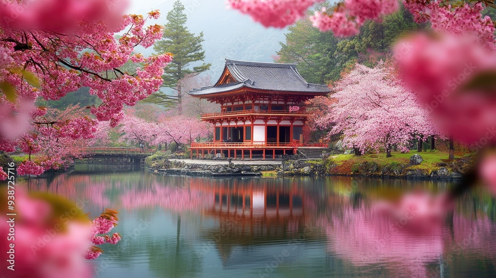 Pink cherry blossoms framing a traditional Japanese temple, cultural heritage and natural beauty, serene spring scene Pink cherry blossoms framing a traditional Japanese temple, cultural heritage and natural beauty, serene spring scene