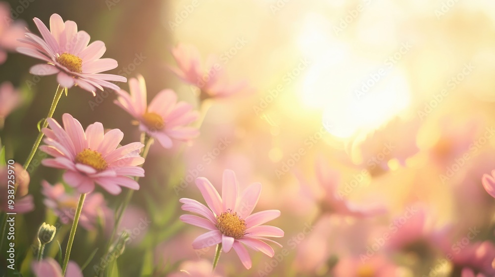 Fototapeta premium Pink daisies in a field on a sunny day, wildflowers and vibrant nature scene, peaceful outdoor retreat and warm light