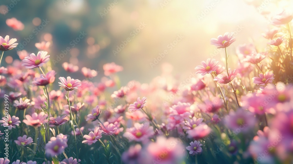 Obraz premium Pink daisies in a field on a sunny day, wildflowers and vibrant nature scene, peaceful outdoor retreat and warm light