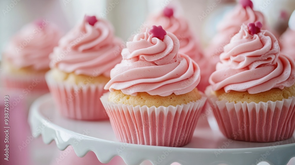 Pink frosted cupcakes on a cake stand, sweet dessert and birthday party celebration, cheerful and festive treats Pink frosted cupcakes on a cake stand, sweet dessert and birthday party celebration, cheerful and festive treats