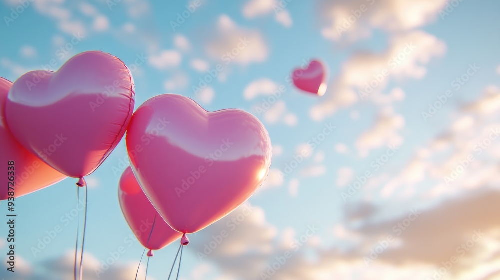 Pink heart-shaped balloons floating in the sky, fun and festive celebration, cheerful and colorful love-themed decor Pink heart-shaped balloons floating in the sky, fun and festive celebration, cheerful and colorful love-themed decor