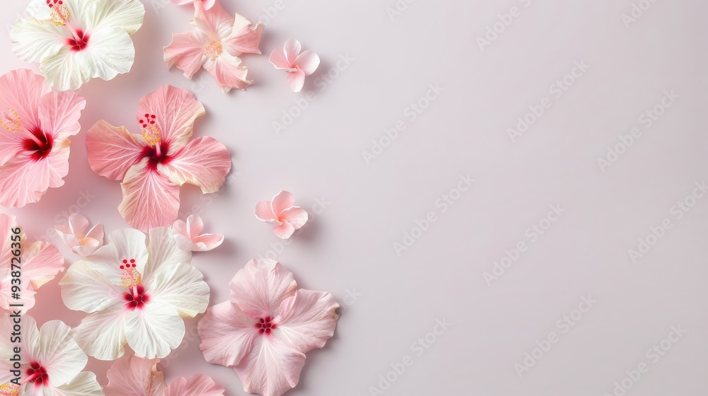 Delicate pastel hibiscus petals scattered artistically on a soft pink background, showcasing vibrant colors and intricate textures that evoke a serene floral composition.
