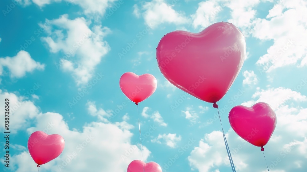 Pink heart-shaped balloons floating in the sky, fun and festive celebration, cheerful and colorful love-themed decor Pink heart-shaped balloons floating in the sky, fun and festive celebration, cheerful and colorful love-themed decor