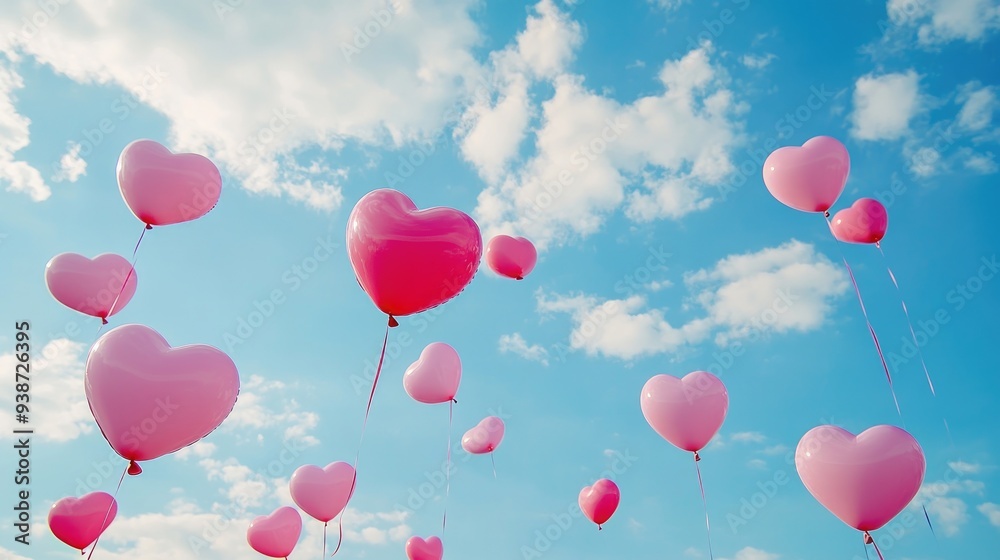 Pink heart-shaped balloons floating in the sky, fun and festive celebration, cheerful and colorful love-themed decor Pink heart-shaped balloons floating in the sky, fun and festive celebration, cheerful and colorful love-themed decor