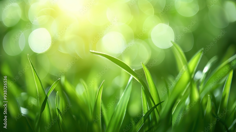 Fototapeta premium Vibrant Meadow, sunlit grass blades sparkle with dew, creating a lush green canvas, inviting warmth and tranquility of nature’s serene embrace.