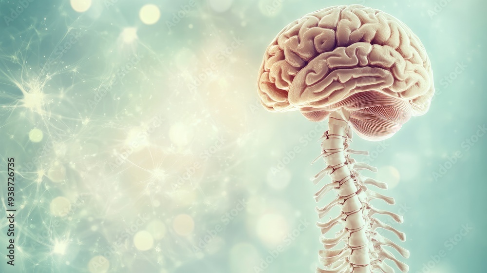 Brain and spinal cord anatomy on a soft-colored backdrop, perfect for health and medical education. Brain and spinal cord anatomy on a soft-colored backdrop, perfect for health and medical education.