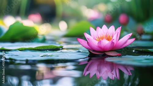 Pink lotus flower blooming on a calm pond, serene and spiritual nature scene, peaceful water reflection and tranquility