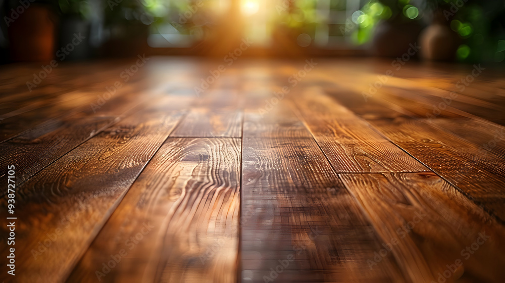 Warm Wooden Floorboards in a Sunlit Room with Blurred Background Warm Wooden Floorboards in a Sunlit Room with Blurred Background