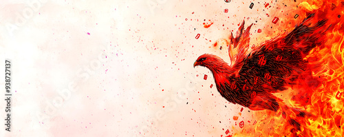 Abstract representation of a phoenix rising from flames, with stock symbols embedded in its feathers, rebirth of securities photo