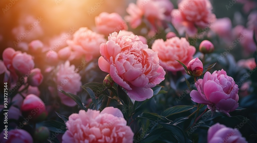 Pink peonies in a lush garden, blooming flowers and natural beauty, summer landscape and colorful floral display Pink peonies in a lush garden, blooming flowers and natural beauty, summer landscape and colorful floral display