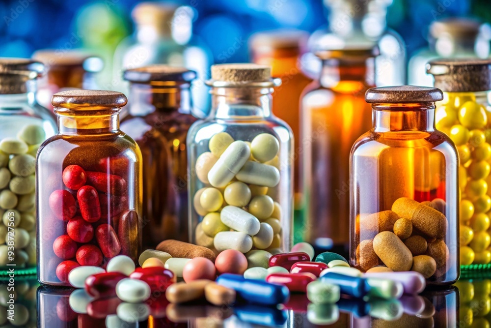 A collection of various colored pills and bottles, including some green A collection of various colored pills and bottles, including some green