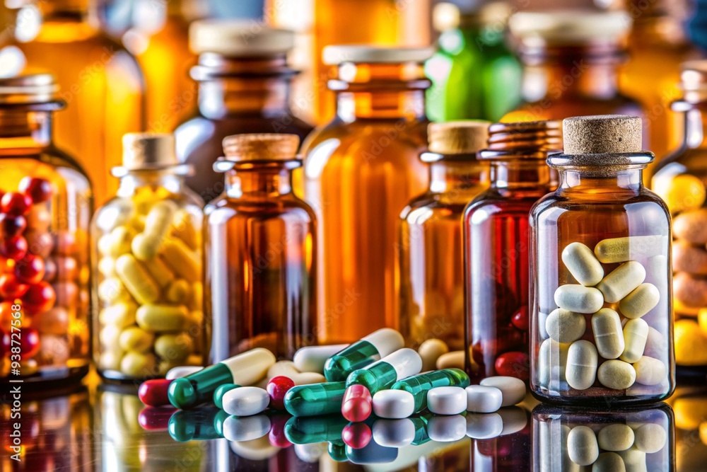 A collection of various colored pills and bottles, including some green A collection of various colored pills and bottles, including some green