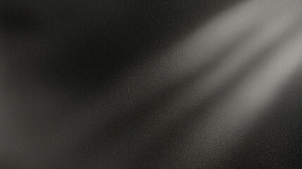 Black matte textured background with floating dust particles illuminated by soft light in the top right corner, creating a deep contrast between black and white. This abstract design emphasizes textur