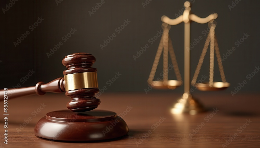 A judge's gavel rests prominently on a wooden desk with golden scales of justice in the background, symbolizing law and fairness. A judge's gavel rests prominently on a wooden desk with golden scales of justice in the background, symbolizing law and fairness.
