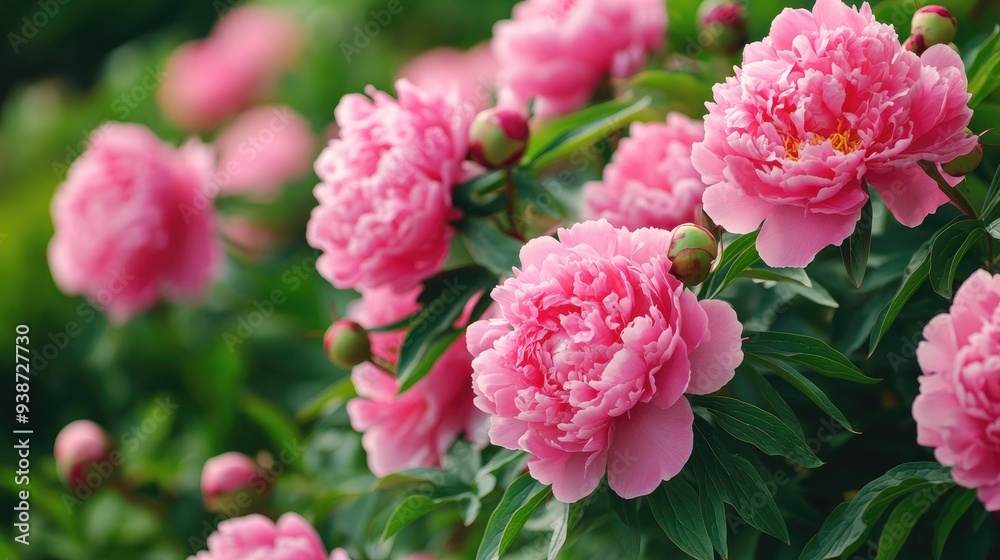 Pink peonies in full bloom on a sunny day, vibrant flowers and lush green leaves, summer nature beauty captured Pink peonies in full bloom on a sunny day, vibrant flowers and lush green leaves, summer nature beauty captured