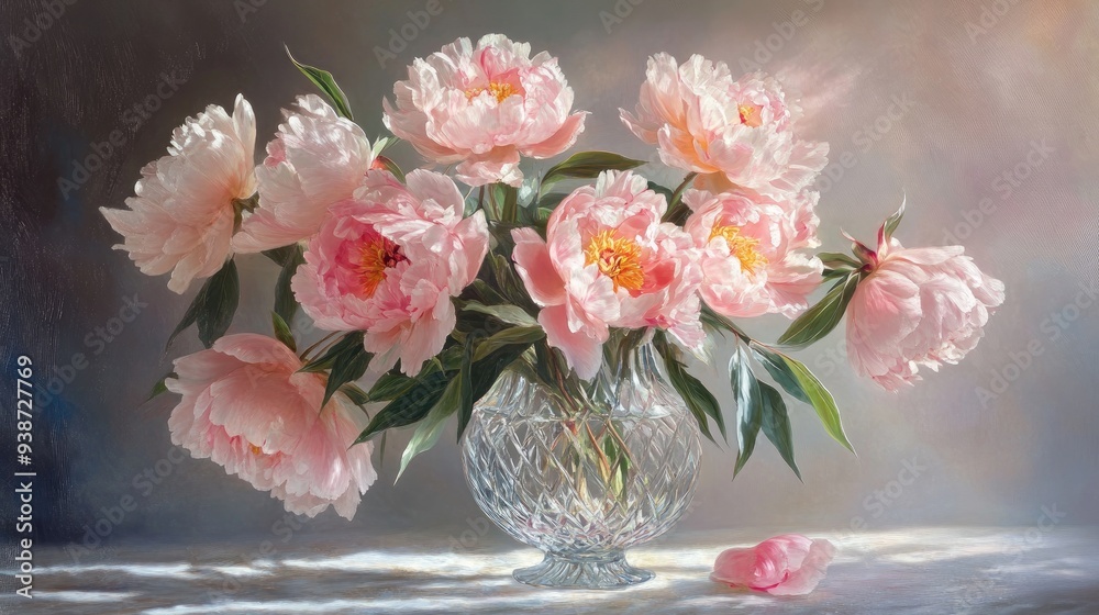 Pink peony bouquet in a crystal vase, romantic and elegant floral arrangement, soft light and timeless home decor