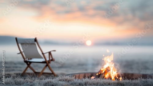 Serene Dawn by the Fire, a peaceful wooden chair beside a crackling fire in a frosty field, as the sun rises, casting a warm glow over the tranquil landscape. photo