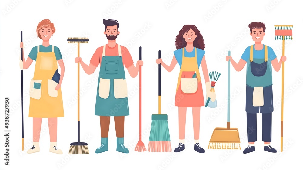 Cleaning team, flat vector illustration with white background, Illustrator, professional design, simplified design, simple and cute style Cleaning team, flat vector illustration with white background, Illustrator, professional design, simplified design, simple and cute style