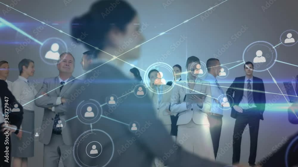 Business people networking and shaking hands, social connections animation over them