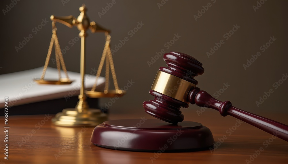 A wooden gavel and sound block on a table with golden scales of justice in the background, symbolizing law and justice. A wooden gavel and sound block on a table with golden scales of justice in the background, symbolizing law and justice.