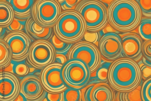 A funky retro circle pattern with bright orange yellow and teal rings, AI Generated