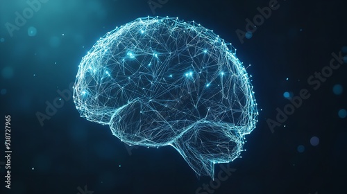 Polygonal wireframe brain with glowing elements on dark background in data visualization style