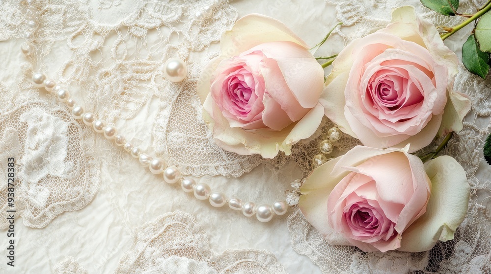 Pink roses and pearls on a lace background, romantic and elegant decor, vintage and timeless feminine style