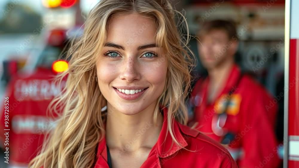 A happy female paramedic faces the camera, while the ambulance crew is in the background. A happy female paramedic faces the camera, while the ambulance crew is in the background.