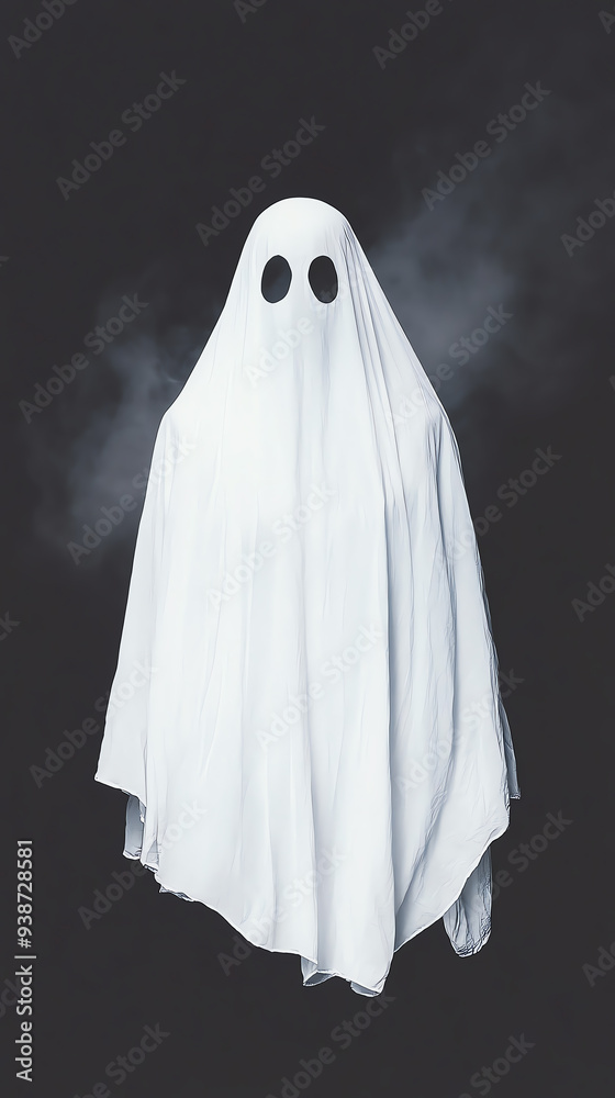 A spooky ghost costume with a white sheet and black eye holes, perfect for Halloween themes and horror atmospheres. A spooky ghost costume with a white sheet and black eye holes, perfect for Halloween themes and horror atmospheres.
