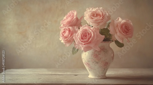 Pink roses in a vintage vase on a wooden table, romantic floral arrangement and soft light, elegant and timeless decor