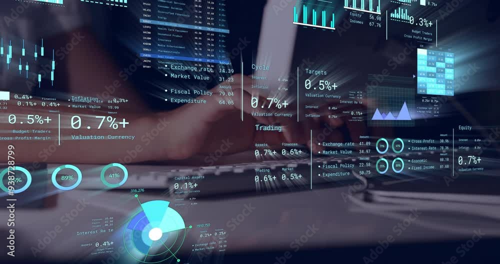 Typing on laptop, financial data and analytics animation over hands