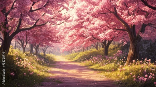 Pink sakura blossoms lining a quiet path, peaceful spring walk and vibrant floral scene, serene and colorful nature