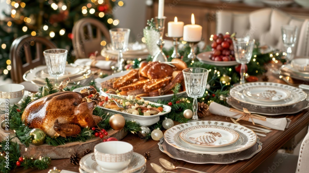 Christmas dinner table set with a delicious feast and sparkling tableware. Christmas dinner table set with a delicious feast and sparkling tableware.