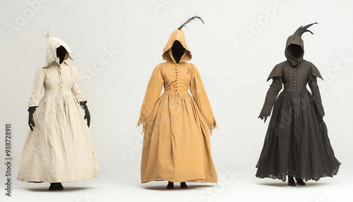 Three mysterious hooded figures in vintage dresses stand against a white background, creating an eerie and enigmatic scene. photo