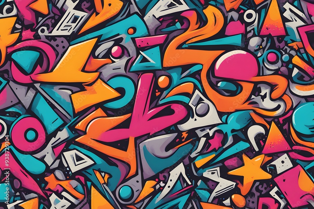 A graffiti inspired pattern with bold bright colors and abstract shapes, AI Generated