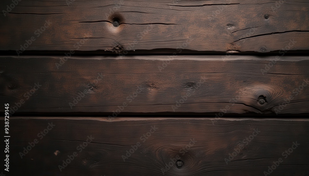Fototapeta premium Close-up of a rustic wooden surface with dark, weathered planks featuring visible grain patterns and knots.