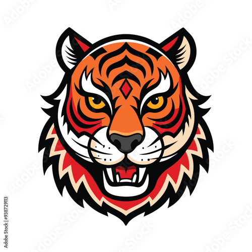 Detailed vector tiger head in Japanese tattoo style with bold lines and 3D perspective. photo