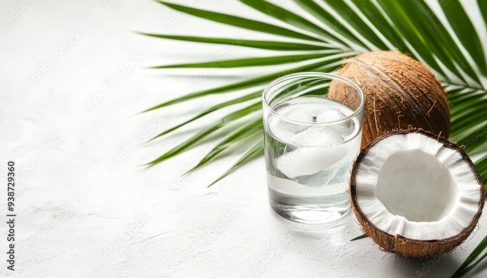 a glas of coconut water with a coconut half and palm leaves a glas of coconut water with a coconut half and palm leaves