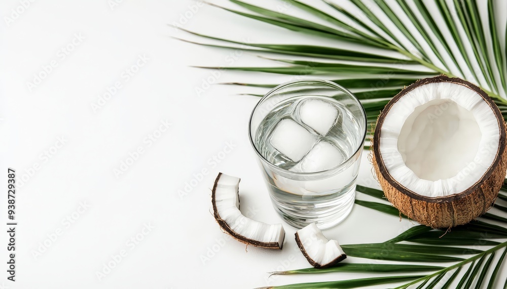 a glas of coconut water with a coconut half and palm leaves a glas of coconut water with a coconut half and palm leaves
