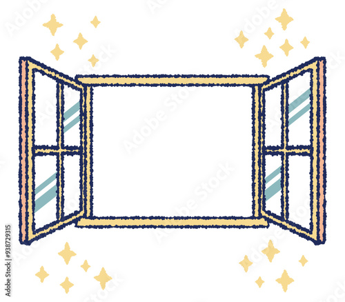 開いているガラス窓のカラーイラスト