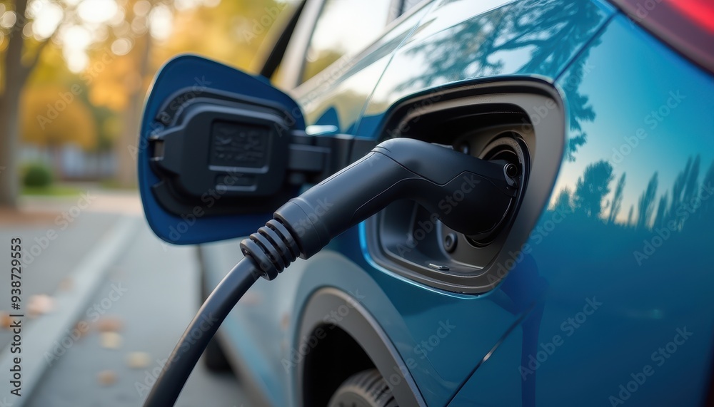 A blue electric car recharging at a charging station in an outdoor setting, highlighting the transition to eco-friendly transportation.