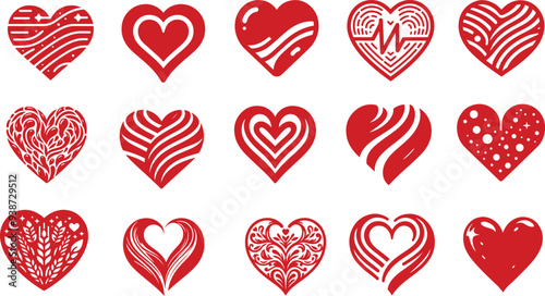 Stylized Heart Shapes Icon Set, Romantic Heart Icon Vector Illustration on white Background. 