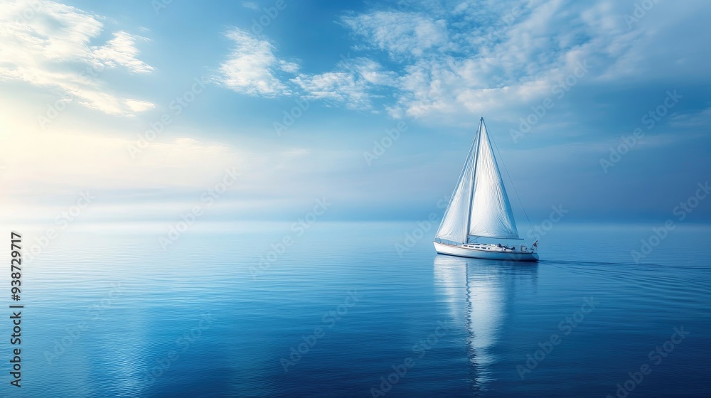 Obraz premium Sailing boat gliding across a calm blue sea, white sails catching the breeze, perfect summer day on the water, peaceful and serene scene
