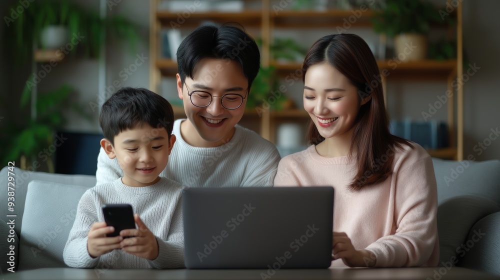 Happy family sitting on the couch using a laptop and smartphone together, enjoying quality time at home. Modern living and technology concept. Happy family sitting on the couch using a laptop and smartphone together, enjoying quality time at home. Modern living and technology concept.