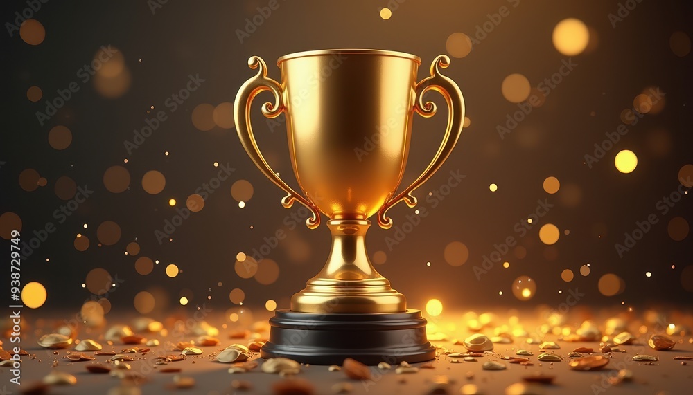 A golden trophy with ornate handles stands proudly on a dark base, surrounded by sparkling lights and golden confetti. A golden trophy with ornate handles stands proudly on a dark base, surrounded by sparkling lights and golden confetti.