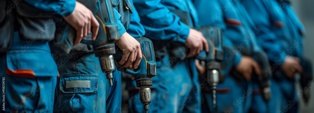 Several men in blue uniforms holding various power tools in their hands Several men in blue uniforms holding various power tools in their hands