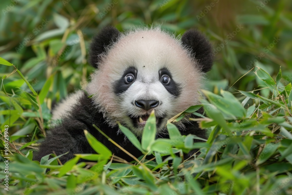 Baby panda playing in a bamboo forest, peeking through the leaves with a curious and innocent expression. ai Baby panda playing in a bamboo forest, peeking through the leaves with a curious and innocent expression. ai