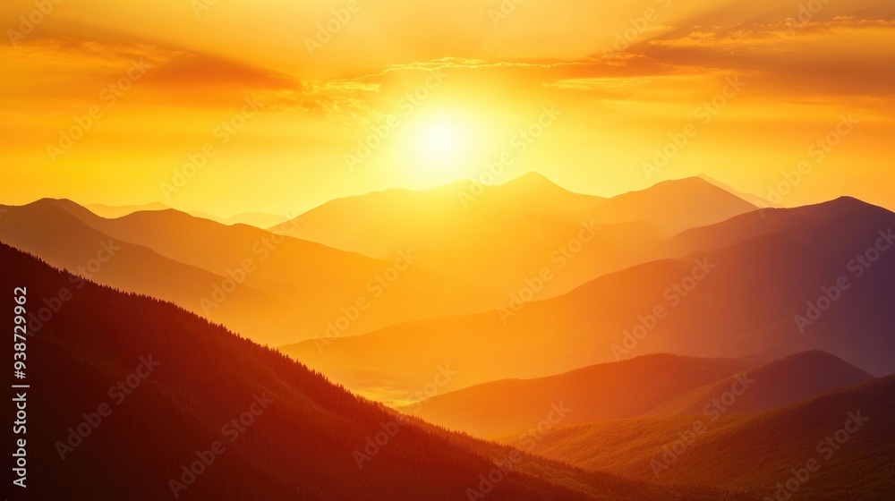 Sunset over a mountain range with golden light bathing the peaks, warm summer evening, and peaceful natural beauty, serene landscape view Sunset over a mountain range with golden light bathing the peaks, warm summer evening, and peaceful natural beauty, serene landscape view
