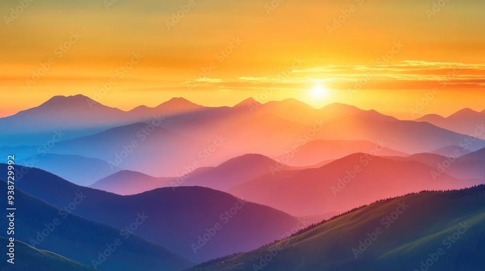 Sunset over a mountain range with golden light bathing the peaks, warm summer evening, and peaceful natural beauty, serene landscape view Sunset over a mountain range with golden light bathing the peaks, warm summer evening, and peaceful natural beauty, serene landscape view
